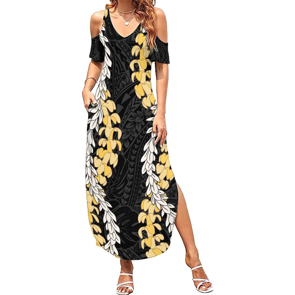 Puakenikeni and Maile Lei Family Matching Summer Maxi Dress and Hawaiian Shirt Black Double Strand Lei