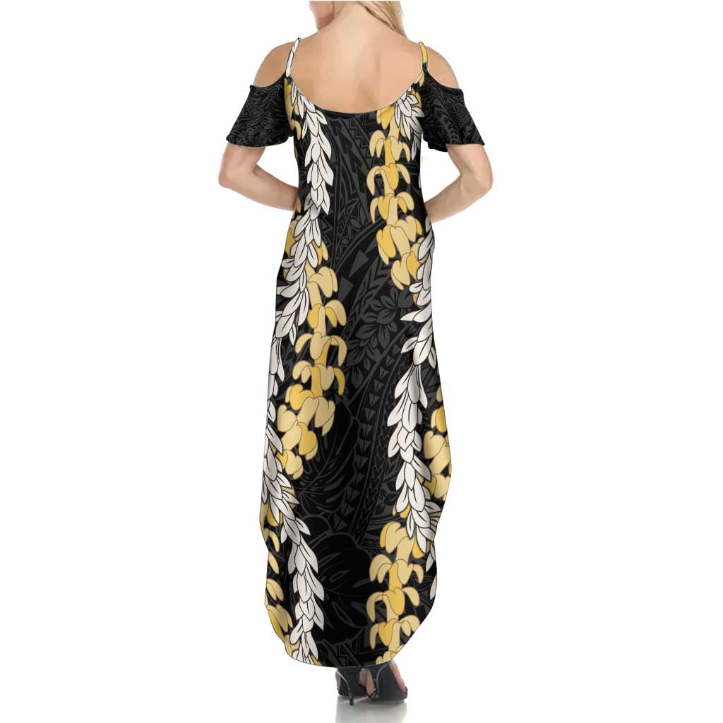 Puakenikeni and Maile Lei Family Matching Summer Maxi Dress and Hawaiian Shirt Black Double Strand Lei