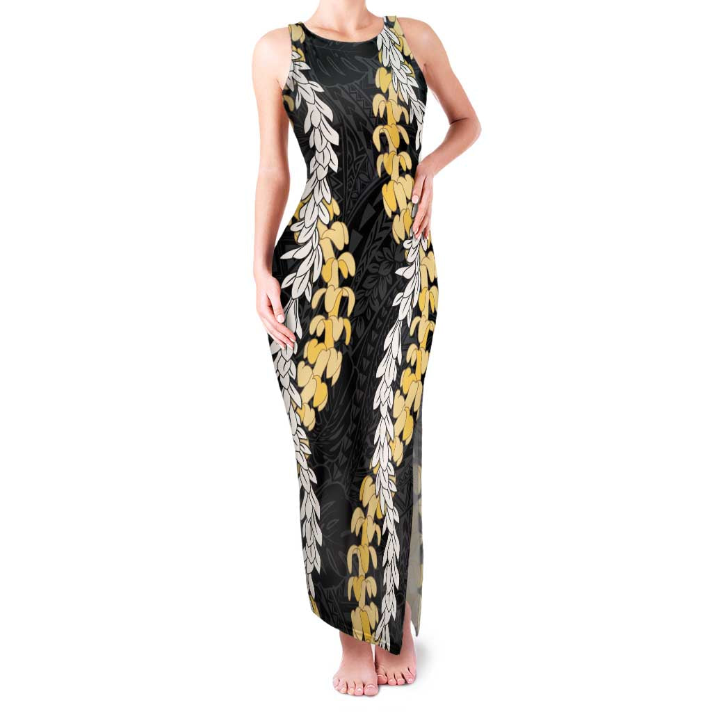 Puakenikeni and Maile Lei Family Matching Tank Maxi Dress and Hawaiian Shirt Black Double Strand Lei