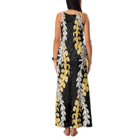 Puakenikeni and Maile Lei Family Matching Tank Maxi Dress and Hawaiian Shirt Black Double Strand Lei