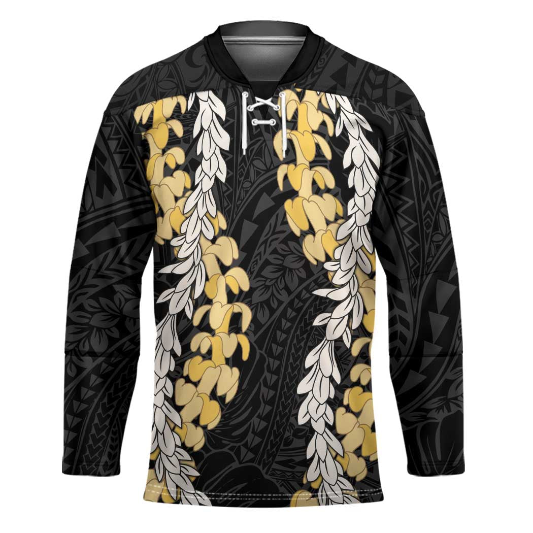 Puakenikeni and Maile Lei Hockey Jersey Black Double Strand Lei LT9 Unisex Black - Polynesian Pride