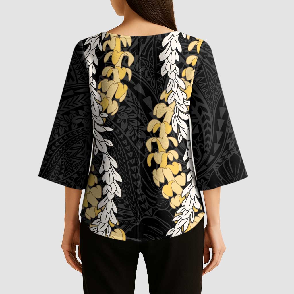 Puakenikeni and Maile Lei Kimono Sleeve Blouse Black Double Strand Lei - Polynesian Pride