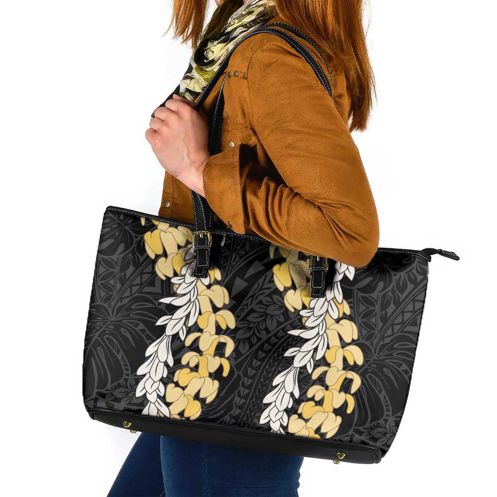 Puakenikeni and Maile Lei Leather Tote Bag Black Double Strand Lei