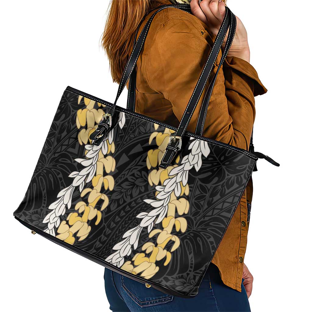 Puakenikeni and Maile Lei Leather Tote Bag Black Double Strand Lei