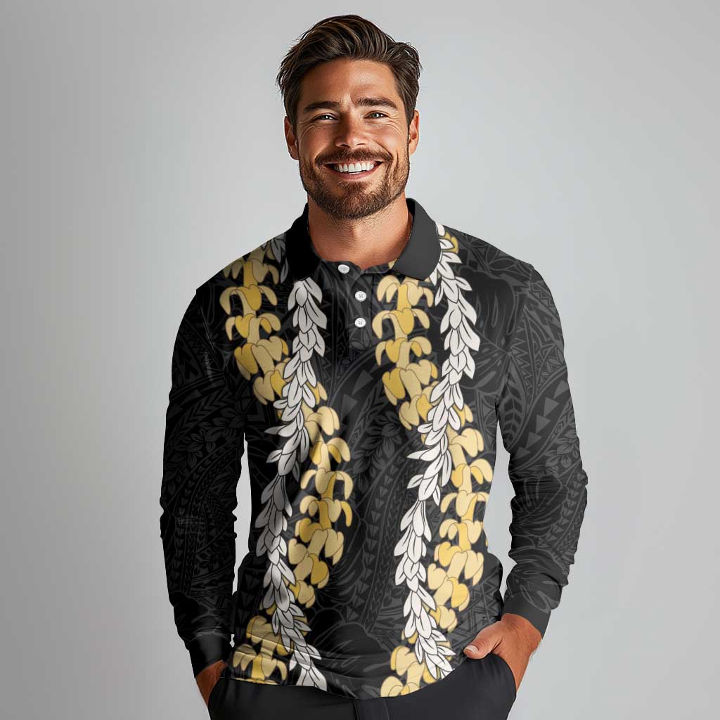 Puakenikeni and Maile Lei Long Sleeve Polo Shirt Black Double Strand Lei LT9 - Polynesian Pride