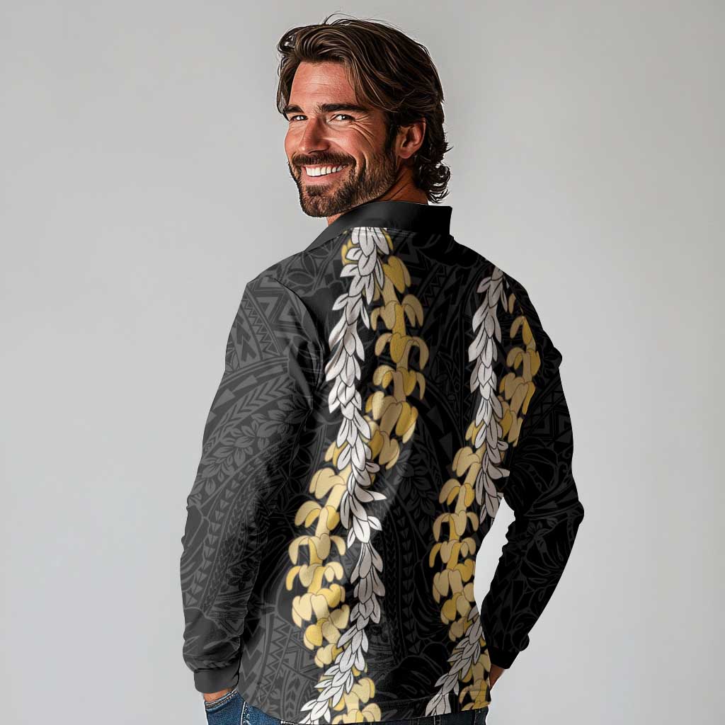 Puakenikeni and Maile Lei Long Sleeve Polo Shirt Black Double Strand Lei LT9 - Polynesian Pride