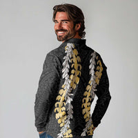 Puakenikeni and Maile Lei Long Sleeve Polo Shirt Black Double Strand Lei LT9 - Polynesian Pride