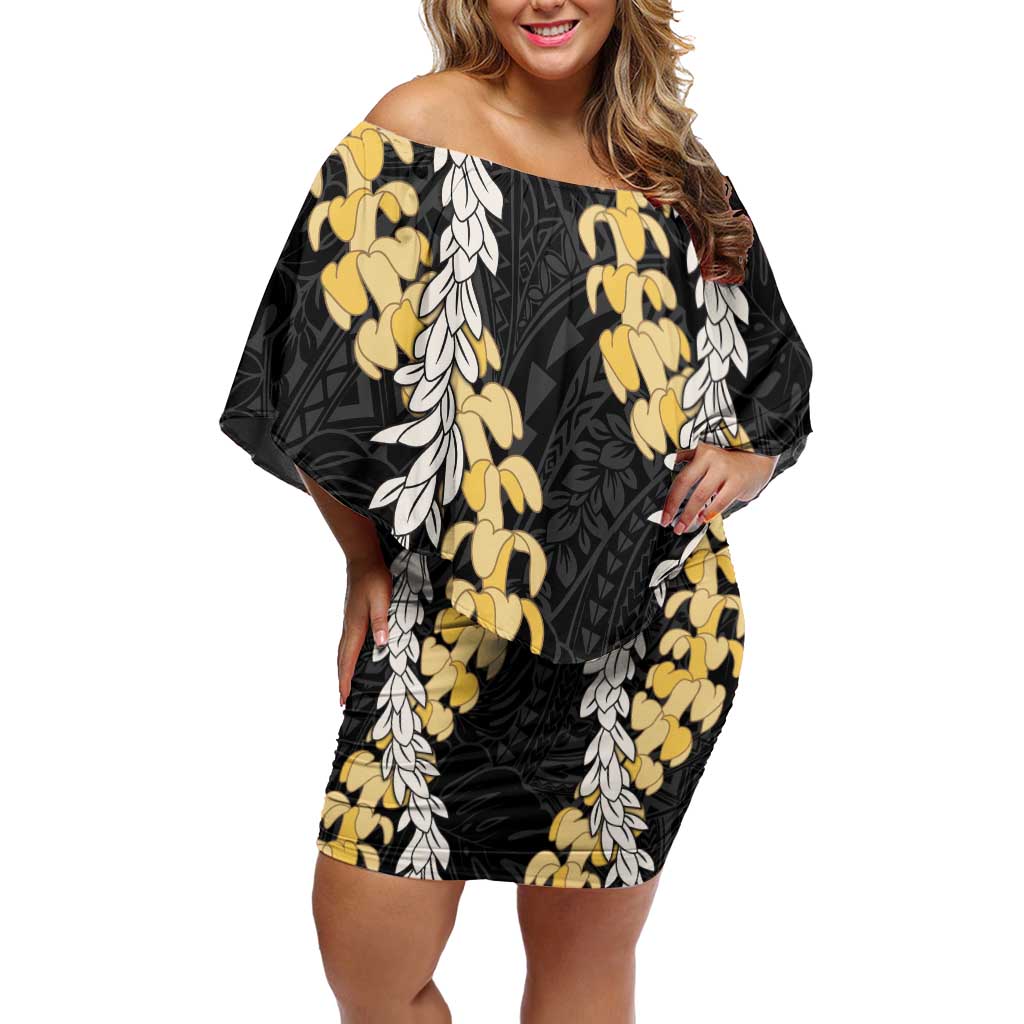 Puakenikeni and Maile Lei Off Shoulder Short Dress Black Double Strand Lei