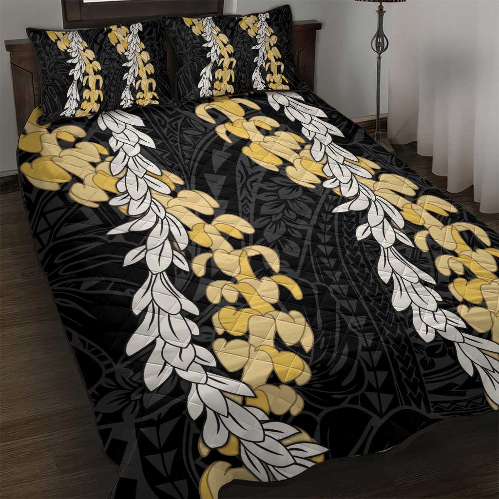 Puakenikeni and Maile Lei Quilt Bed Set Black Double Strand Lei LT9 Black - Polynesian Pride