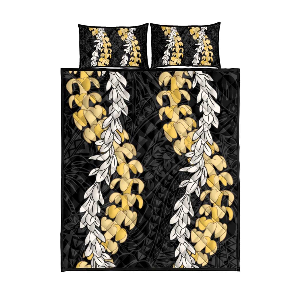 Puakenikeni and Maile Lei Quilt Bed Set Black Double Strand Lei LT9 - Polynesian Pride