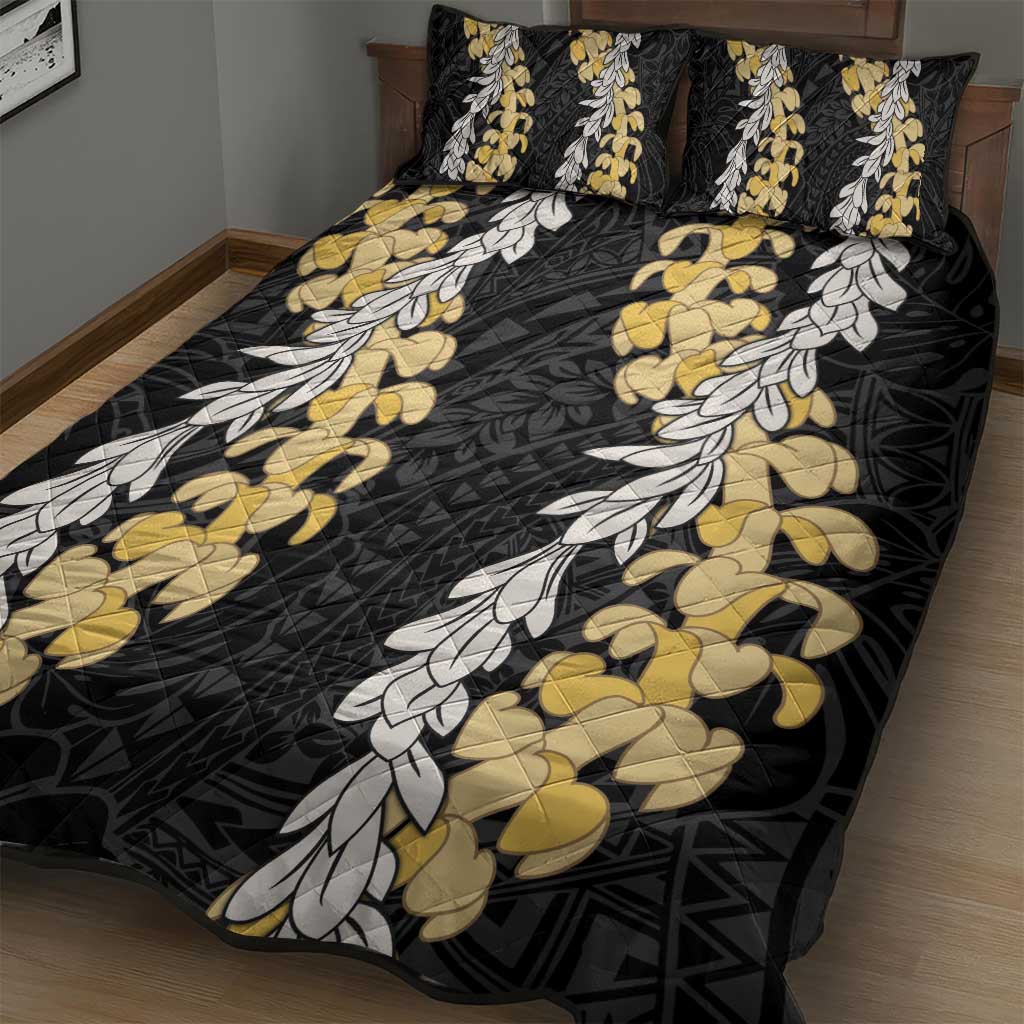 Puakenikeni and Maile Lei Quilt Bed Set Black Double Strand Lei LT9 - Polynesian Pride