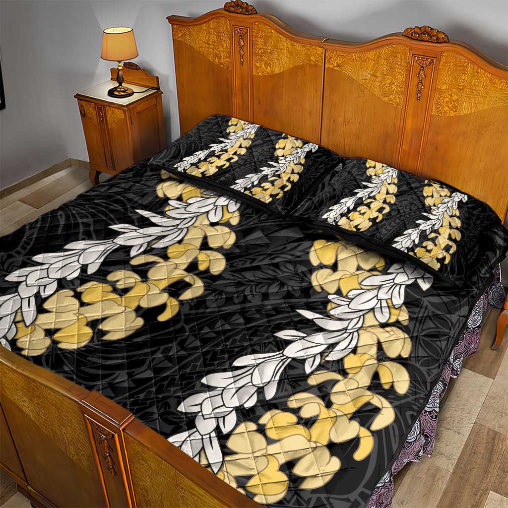 Puakenikeni and Maile Lei Quilt Bed Set Black Double Strand Lei LT9 - Polynesian Pride