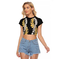 Puakenikeni and Maile Lei Raglan Cropped T Shirt Black Double Strand Lei