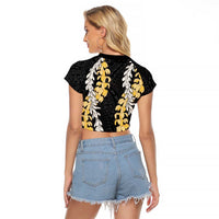 Puakenikeni and Maile Lei Raglan Cropped T Shirt Black Double Strand Lei