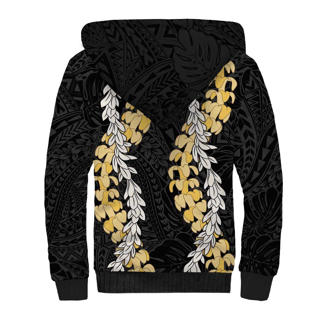Puakenikeni and Maile Lei Sherpa Hoodie Black Double Strand Lei LT9 - Polynesian Pride