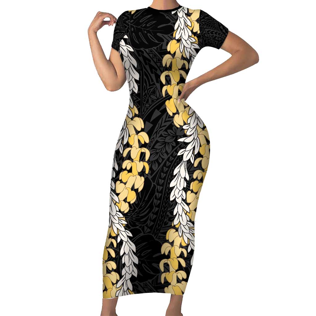 Puakenikeni and Maile Lei Short Sleeve Bodycon Dress Black Double Strand Lei