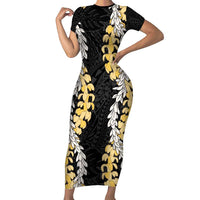 Puakenikeni and Maile Lei Short Sleeve Bodycon Dress Black Double Strand Lei