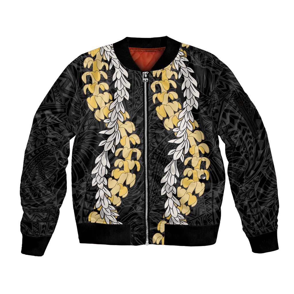 Puakenikeni and Maile Lei Sleeve Zip Bomber Jacket Black Double Strand Lei