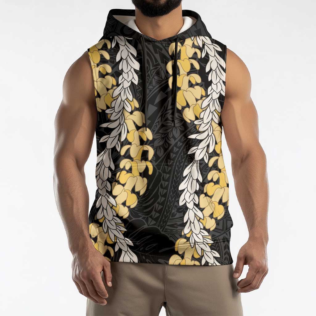 Puakenikeni and Maile Lei Sleeveless Hoodie Black Double Strand Lei - Polynesian Pride