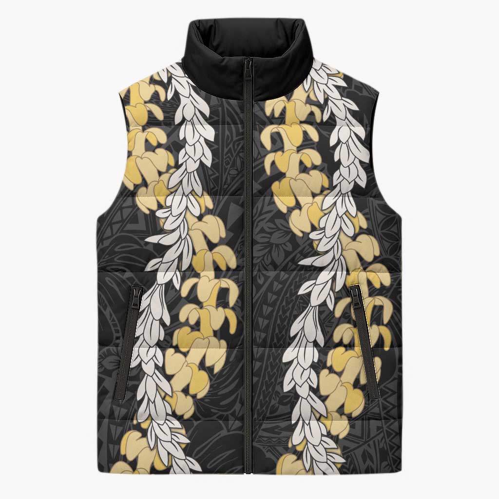 Puakenikeni and Maile Lei Sleeveless Puffer Jacket Black Double Strand Lei LT9 Unisex Black - Polynesian Pride