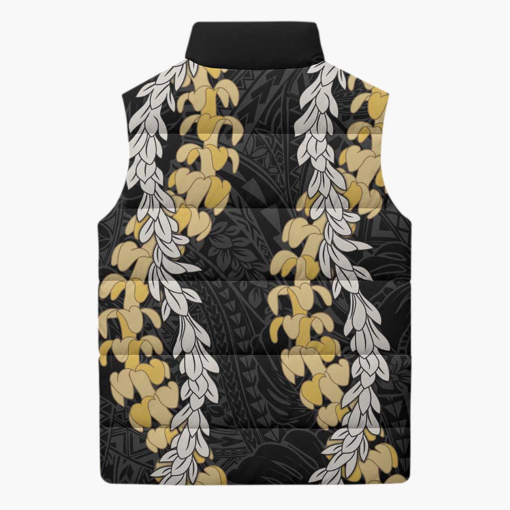 Puakenikeni and Maile Lei Sleeveless Puffer Jacket Black Double Strand Lei LT9 - Polynesian Pride