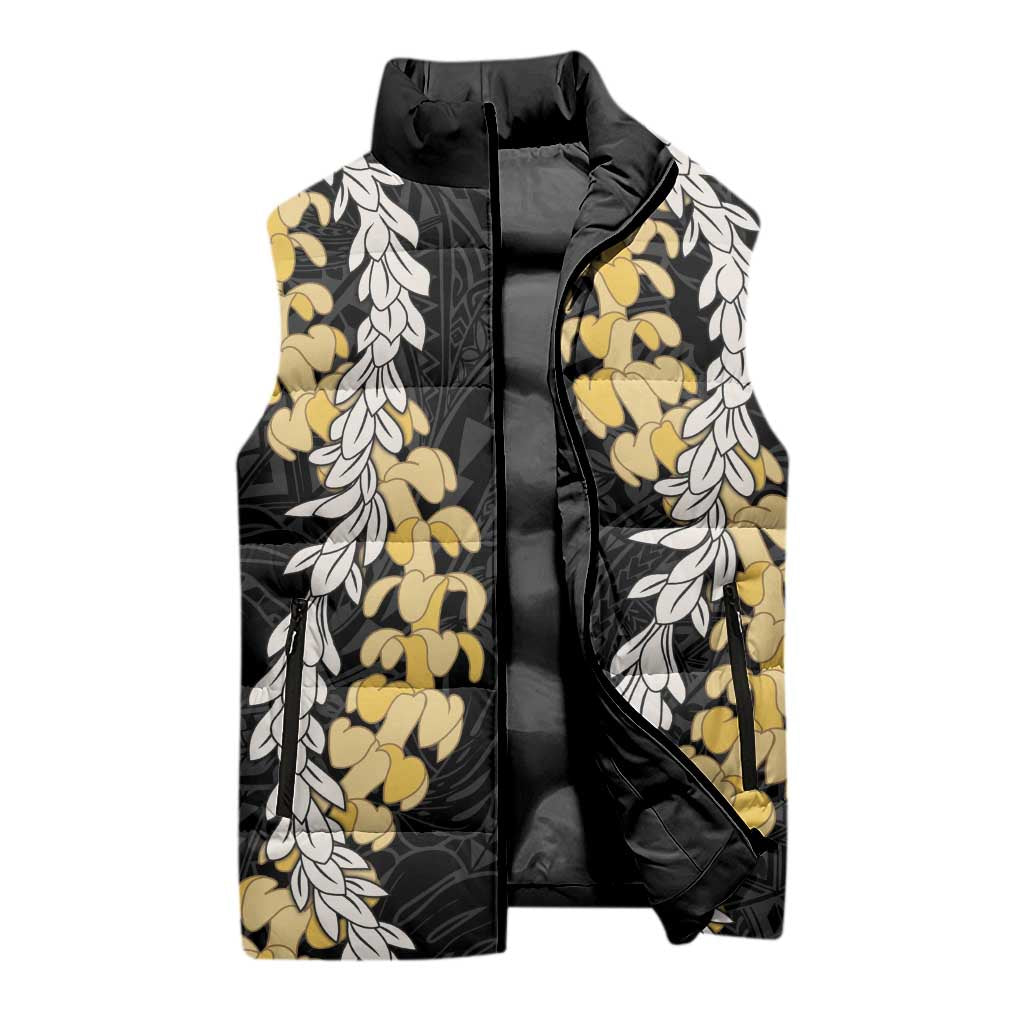 Puakenikeni and Maile Lei Sleeveless Puffer Jacket Black Double Strand Lei LT9 - Polynesian Pride