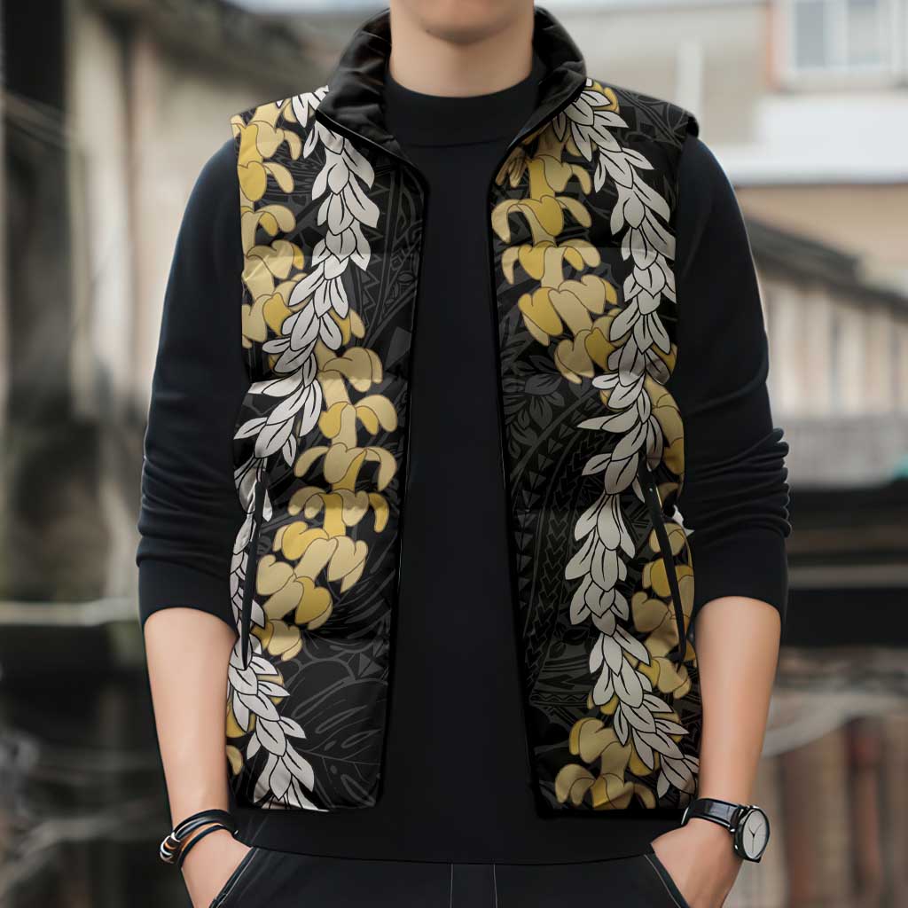Puakenikeni and Maile Lei Sleeveless Puffer Jacket Black Double Strand Lei LT9 - Polynesian Pride