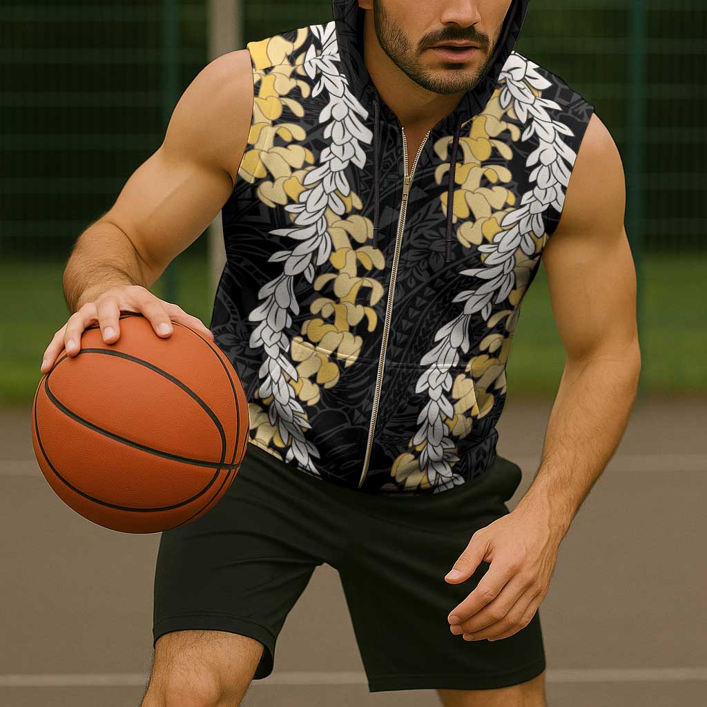 Puakenikeni and Maile Lei Sleeveless Zip Hoodie Black Double Strand Lei - Polynesian Pride