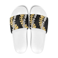 Puakenikeni and Maile Lei Slide Sandals Black Double Strand Lei - Polynesian Pride