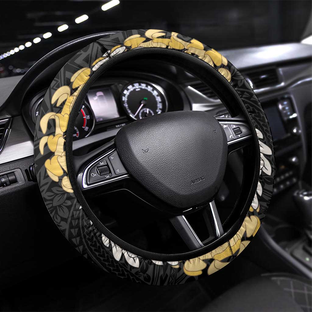 Puakenikeni and Maile Lei Steering Wheel Cover Black Double Strand Lei LT9 Universal Fit Black - Polynesian Pride