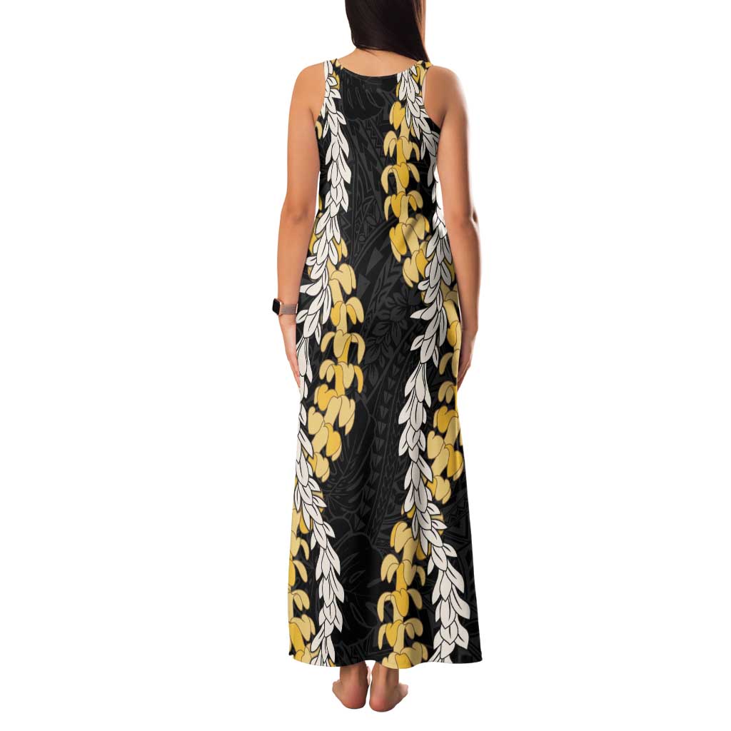 Puakenikeni and Maile Lei Tank Maxi Dress Black Double Strand Lei