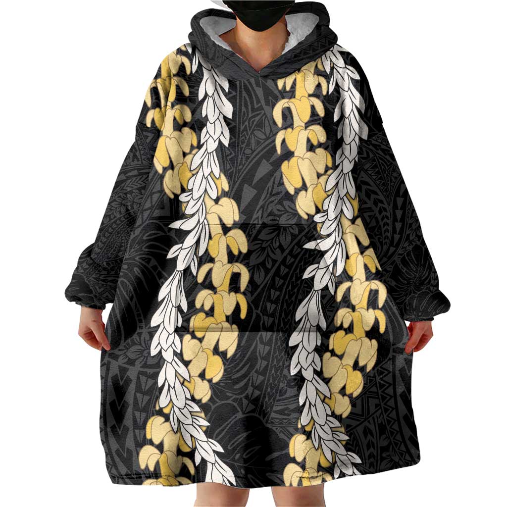 Puakenikeni and Maile Lei Wearable Blanket Hoodie Black Double Strand Lei LT9 - Polynesian Pride