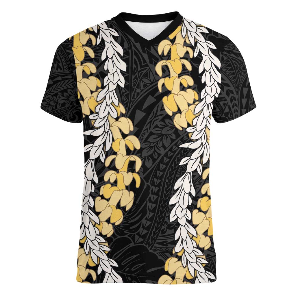 Puakenikeni and Maile Lei Women V-Neck T-Shirt Black Double Strand Lei