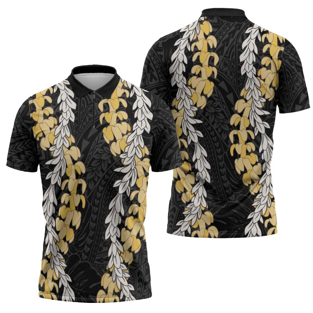 Puakenikeni and Maile Lei Zipper Polo Shirt Black Double Strand Lei LT9 - Polynesian Pride