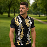 Puakenikeni and Maile Lei Zipper Polo Shirt Black Double Strand Lei LT9 - Polynesian Pride