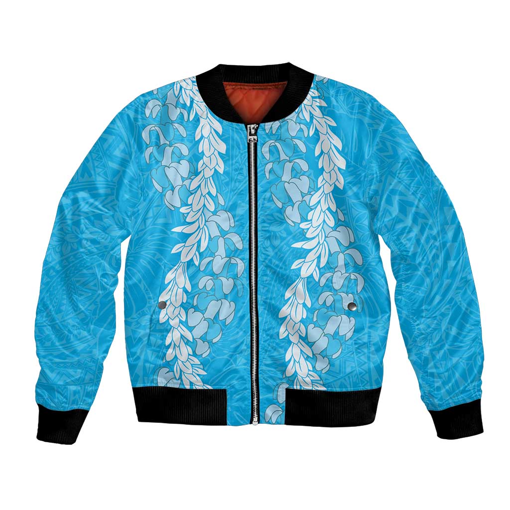 Puakenikeni and Maile Lei Bomber Jacket Blue Double Strand Lei