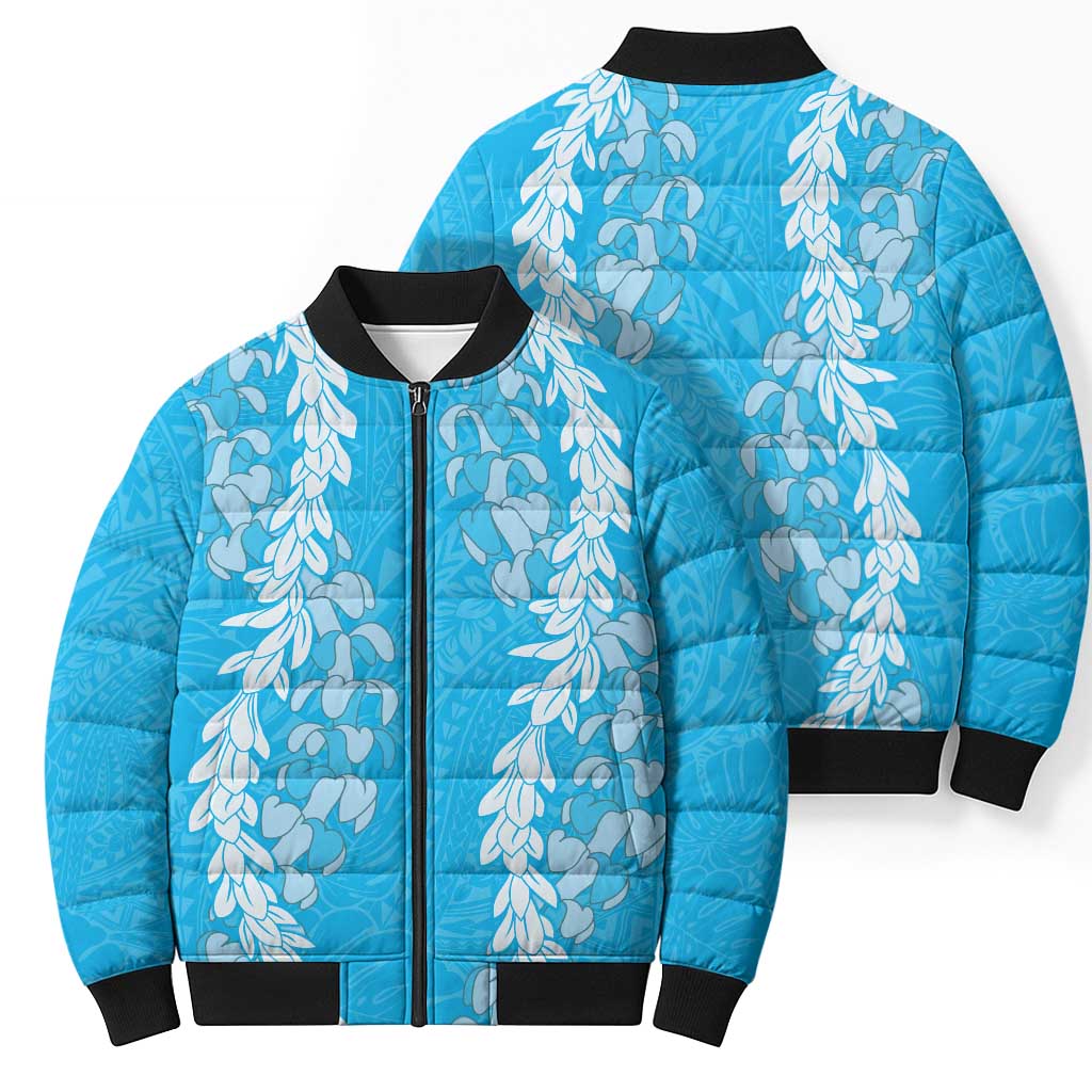 Puakenikeni and Maile Lei Bomber Puffer Jacket Blue Double Strand Lei LT9 - Polynesian Pride