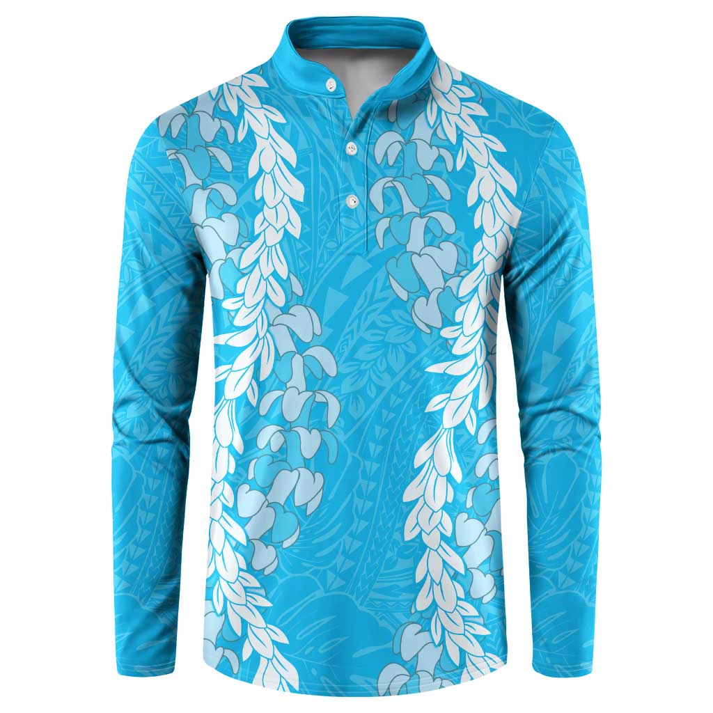 Puakenikeni and Maile Lei Button Sweatshirt Blue Double Strand Lei