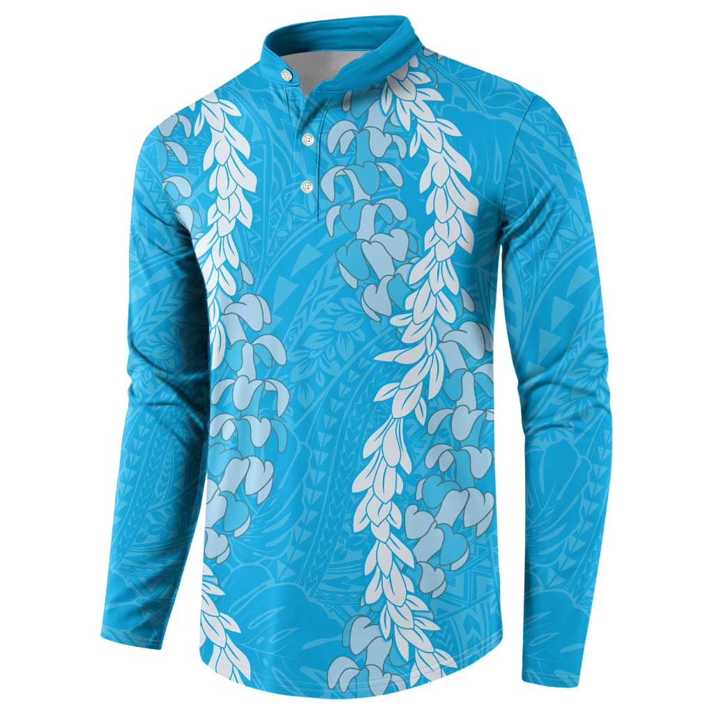Puakenikeni and Maile Lei Button Sweatshirt Blue Double Strand Lei