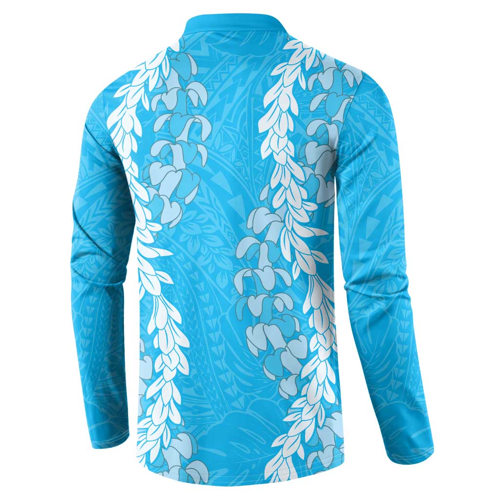 Puakenikeni and Maile Lei Button Sweatshirt Blue Double Strand Lei