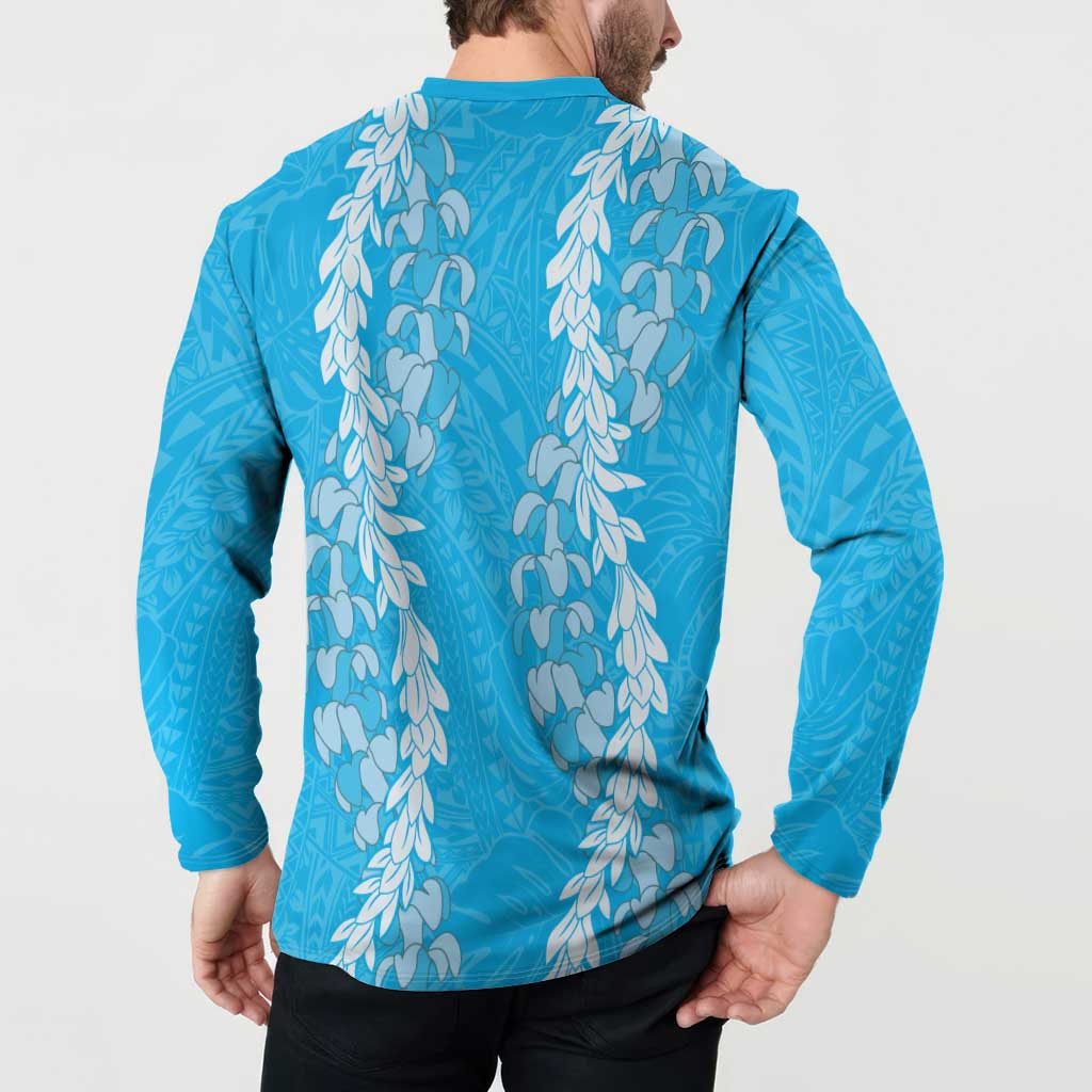 Puakenikeni and Maile Lei Button Sweatshirt Blue Double Strand Lei