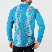 Puakenikeni and Maile Lei Button Sweatshirt Blue Double Strand Lei
