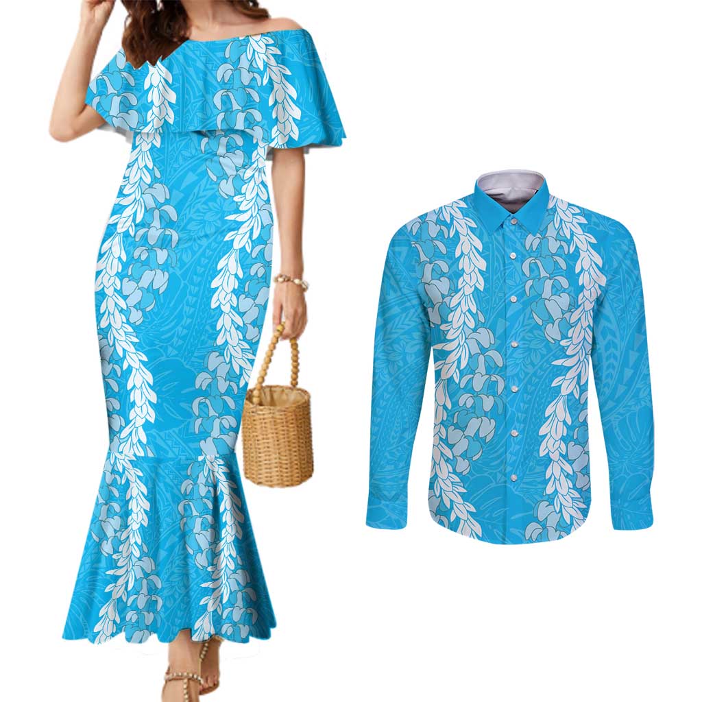 Puakenikeni and Maile Lei Couples Matching Mermaid Dress and Long Sleeve Button Shirt Blue Double Strand Lei
