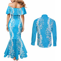 Puakenikeni and Maile Lei Couples Matching Mermaid Dress and Long Sleeve Button Shirt Blue Double Strand Lei