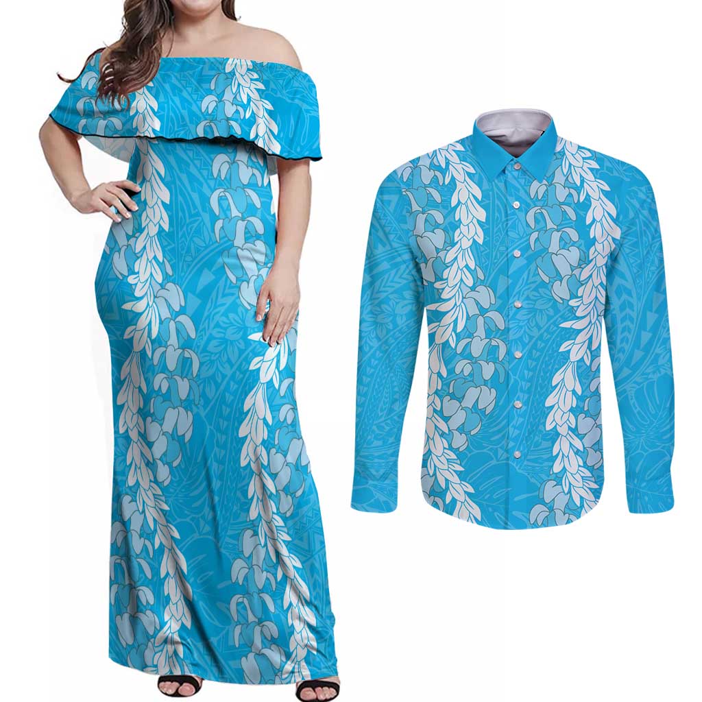 Puakenikeni and Maile Lei Couples Matching Off Shoulder Maxi Dress and Long Sleeve Button Shirt Blue Double Strand Lei