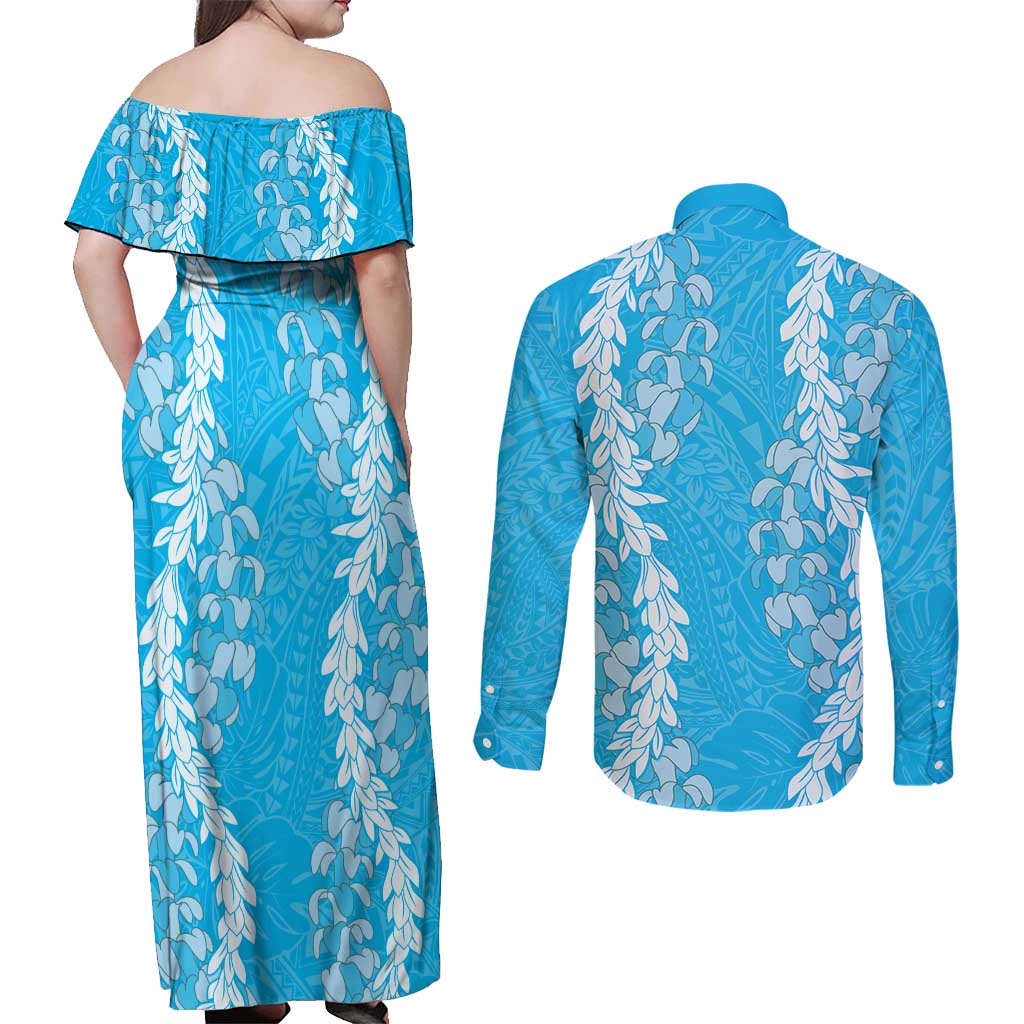 Puakenikeni and Maile Lei Couples Matching Off Shoulder Maxi Dress and Long Sleeve Button Shirt Blue Double Strand Lei