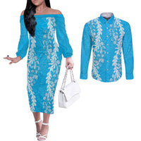 Puakenikeni and Maile Lei Couples Matching Off The Shoulder Long Sleeve Dress and Long Sleeve Button Shirt Blue Double Strand Lei