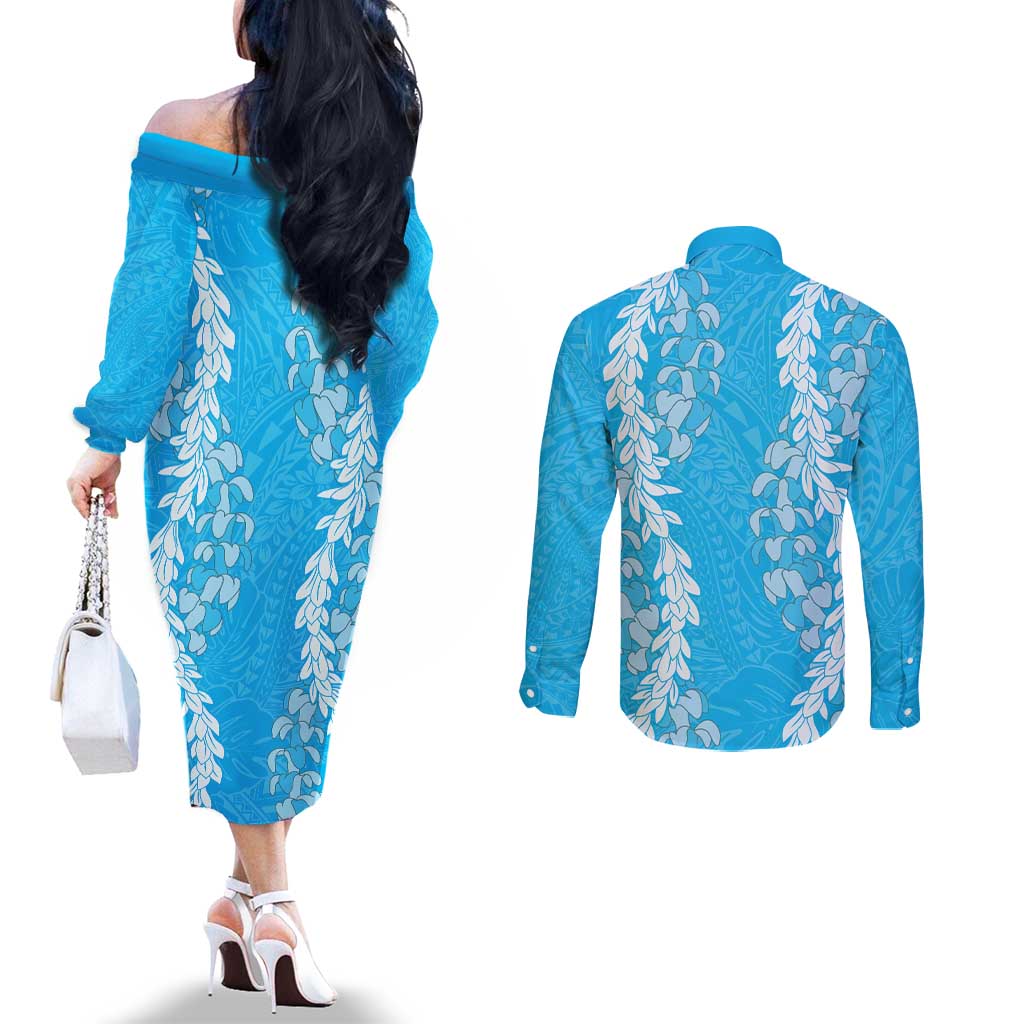 Puakenikeni and Maile Lei Couples Matching Off The Shoulder Long Sleeve Dress and Long Sleeve Button Shirt Blue Double Strand Lei