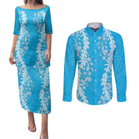 Puakenikeni and Maile Lei Couples Matching Puletasi and Long Sleeve Button Shirt Blue Double Strand Lei LT9 Blue - Polynesian Pride