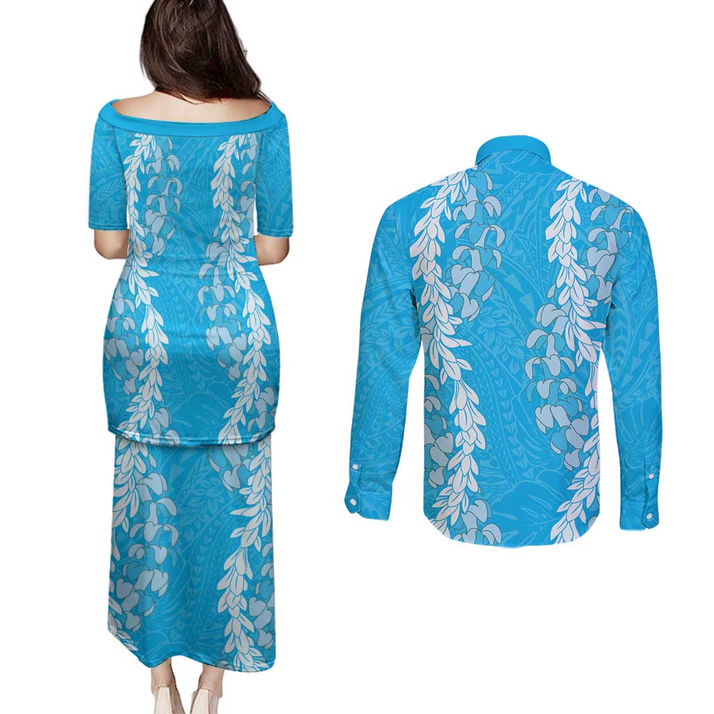 Puakenikeni and Maile Lei Couples Matching Puletasi and Long Sleeve Button Shirt Blue Double Strand Lei LT9 - Polynesian Pride